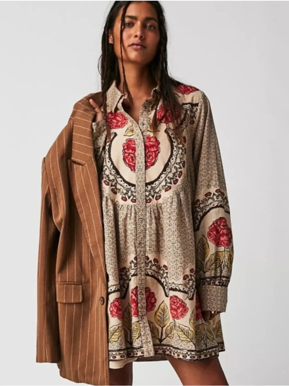 Free People Smell The Roses Mini Western Dress Snap Front in Tea Combo